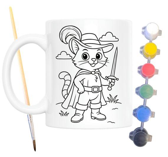 Набор для творчества кружка раскраска по мотивам Кот в сапогах (Шарль Перро) 330 мл белая (КР0174) | Зображення 1