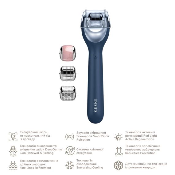 Електронний ролер для обличчя з мікроголками GESKE MicroNeedle Face Roller 9в1 gray, Синій | Зображення 1