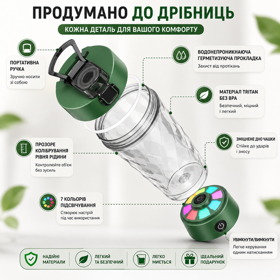 Заряжаемый зеленый шейкер 650 мл с LED-подсветкой и контейнером для смеси | Зображення 7
