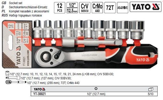 Набор головок торцевых YATO Польша 1/2'' 10-24 12 штук YT-38821