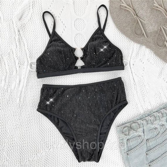 Раздельный женский купальник с топом и плавками с высокой талией блестящий, MBk960 цвет черный, размер М | Зображення 4