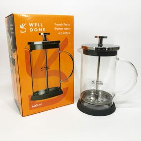 Френч-прес Well Done WD-8036B із термостійкого скла 600 мл, Чайник для заварювання трав прозорий