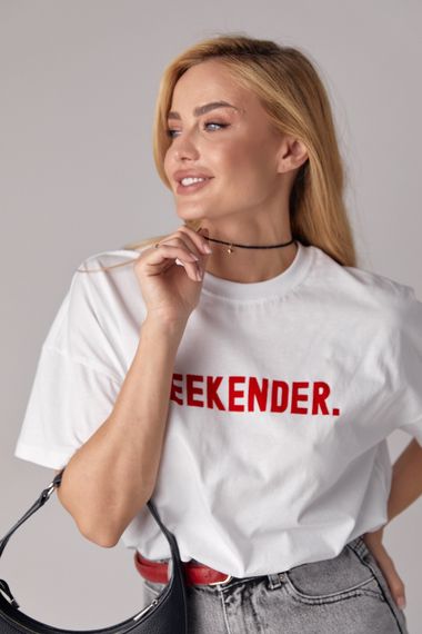 Трикотажная футболка с надписью Weekender - белый с красным цвет, L (есть размеры) | Зображення 5