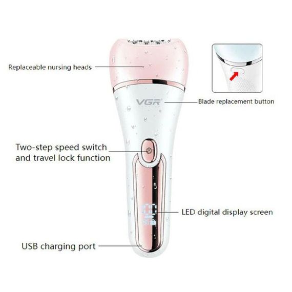 Епілятор для обличчя та тіла 6в1, від USB VGR V-733 / Жіночий епілятор на акумуляторі для видалення волосся. EV-802 Колір: рожевий | Зображення 2
