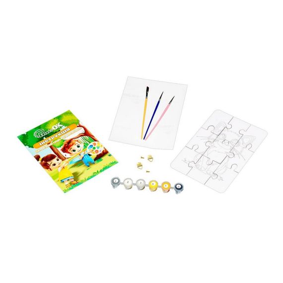 Деревянный пазл-раскраска А5 "Котик" Puz-22938 кисточка, краски, клейкая пленка | Зображення 2