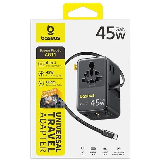 Мережевий універсальний перехідник Baseus AG11 45W with retractable cable (2USB-A/1C/1Socket) (E0307F) Cosmic Black | Зображення 1