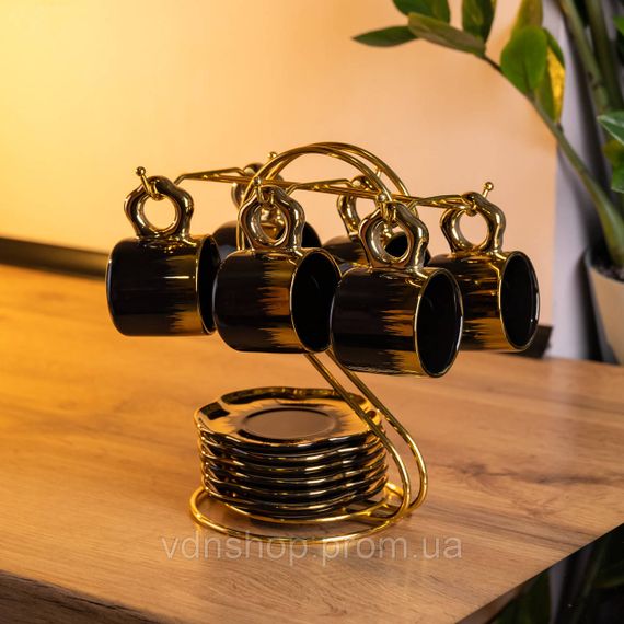 Набор чашек для кофе на металлической подставке 6 (шт) по 100 (мл) Черный с золотом FM-47