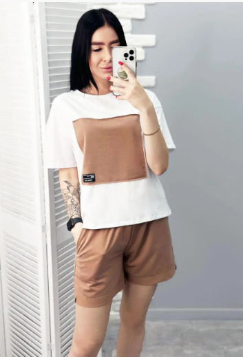 Женский летний легкий костюм с шортами двухцветный GF07113 цвет капучино, размер 46/48 | Зображення 1