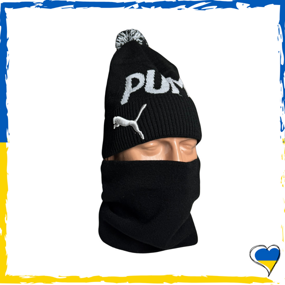 Комплект Puma черный шапка и бафф на флисе унисекс. Набор теплый. Мужской, женский, подростковый, детский