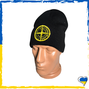 Шапка черная брендовая Stone Island на флисе. Шапка SI. Шапка унисекс, мужская, женская, подростковая, детская