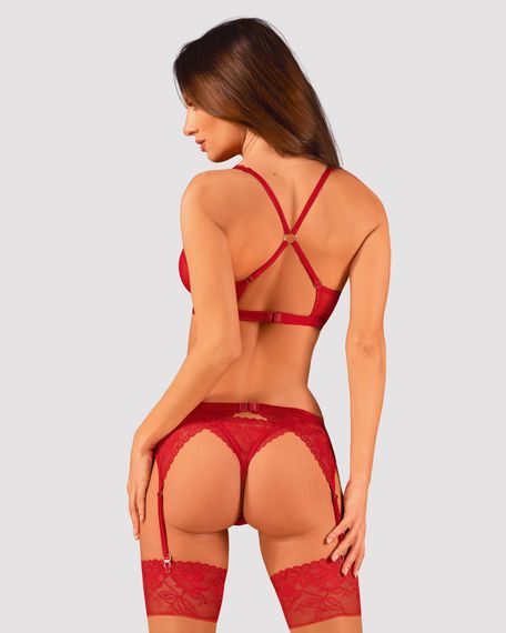 Комплект білизни Obsessive Lacelove cupless 3pcs set XS/S Red, бюстгальтер, стрінги, пояс для панчіх | Зображення 1