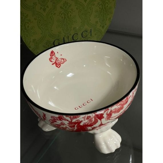 Брендовая керамическая миска для животных собак и котов GUCCI с цветам на лапках, красная | Зображення 1
