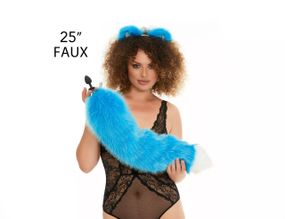 Анальний хутряний пухнастий хвіст без пробки, Яскраво-блакитний з білим кінчиком, OKOVA 60 см. sexstyle