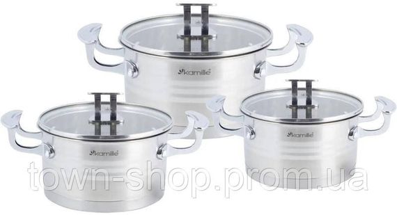 Набор 3 кастрюли Kamille Casserote 1.7л, 2.4л, 3.1л из нержавеющей стали со стеклянными крышками KM-5861