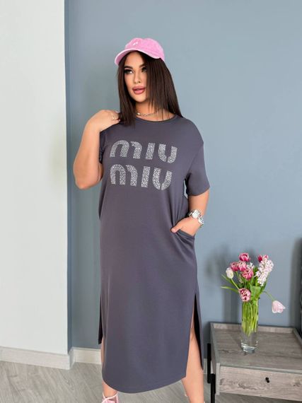 Женское платье-футболка длинное с коротким рукавом, больших и батальных размеров IS873, цвет серый, размер 54/56