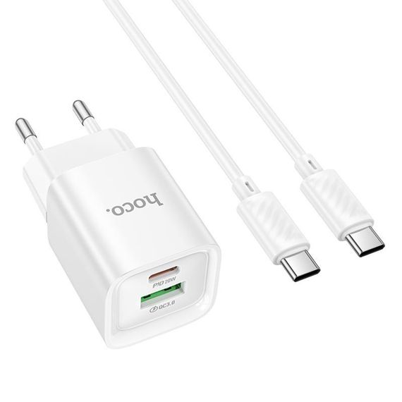 СЗУ Hoco C147A PD20W+QC3.0 (1USB-A/1C) + кабель Type-C to Type-C White | Зображення 1