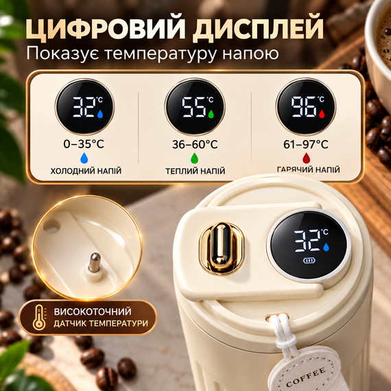 Термокухоль 450 мл кремовий з LED-дисплеєм температури, внутрішня колба з нержавіючої сталі 316 | Зображення 2