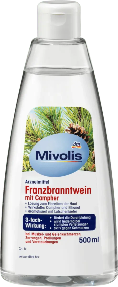Травяная настойка для растирания (спирт с маслом горной сосны) Mivolis Franzbranntwein mit Campher, 500 ml | Зображення 1