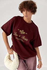 Футболка вільного фасону з вишитими написами - бордо цвет, ONE SIZE (є розміри)
