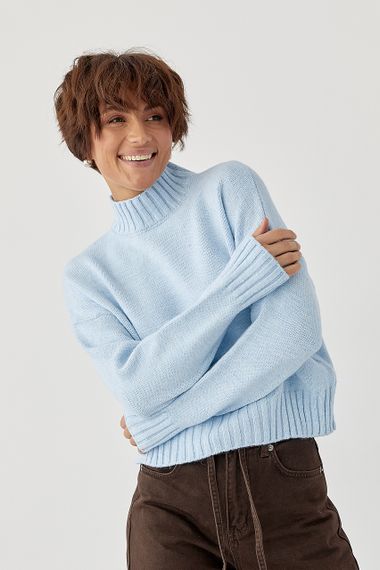 В'язаний светр з горловиною-стійкою - блакитний цвет, ONE SIZE (є розміри)