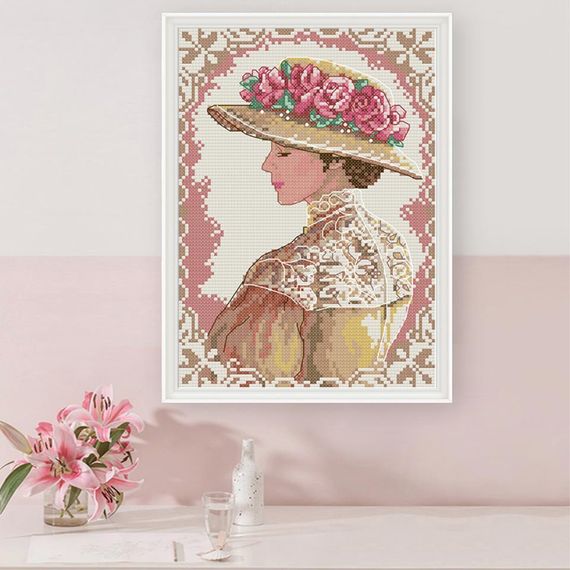 Набор для вышивания по нанесённой на канву схеме "Elegant Lady With Hat". AIDA 14CT printed 19*28 см | Зображення 9