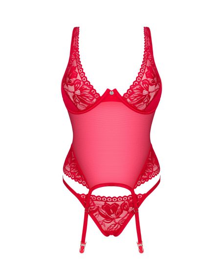 Прозорий корсет Obsessive Lacelove corset XL/2XL Red, мереживо, підв’язки для панчіх | Зображення 2