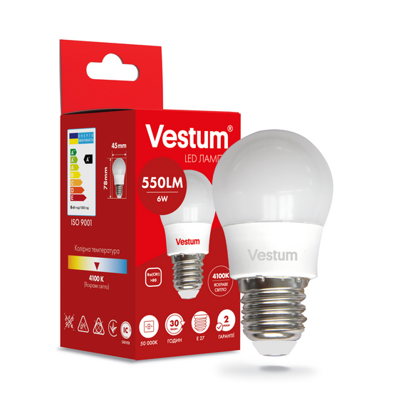 Світлодіодна лампа Vestum G45 6W 4100K 220V E27 1-VS-1201 | Зображення 2