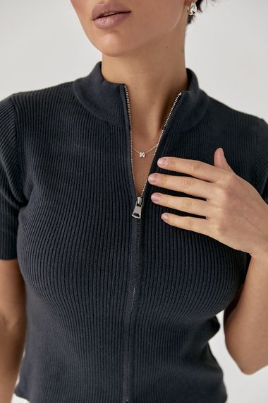 Однотонна футболка в рубчик на блискавці - темно-сірий цвет, ONE SIZE (є розміри) | Зображення 3