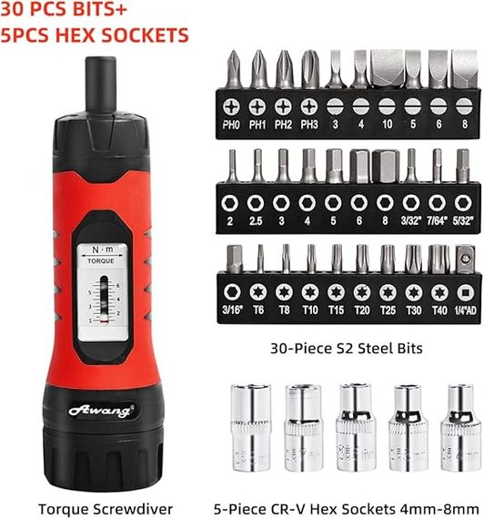Набір викруток Awang 1/4” Drive Torque Wrench 1-6NM, 36 шт. Набір біт для динамометричної викрутки з шестигранною головкою 1/4”. | Зображення 3