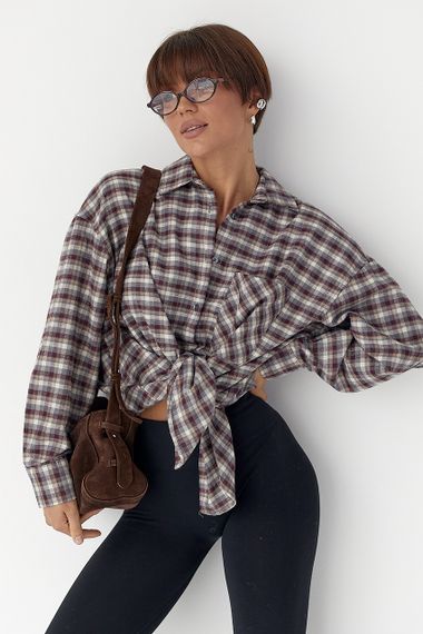 Сорочка в дрібну клітинку з накладною кишенею - бордо цвет, M (є розміри) | Зображення 2