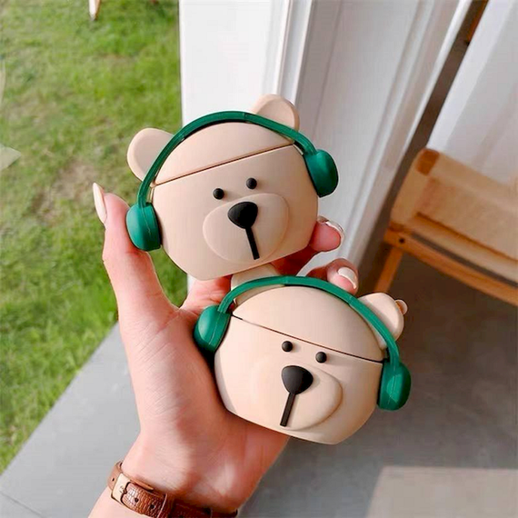 Силиконовый 3D чехол для наушников Apple AirPods Pro 1/2 Медведь в наушниках | Зображення 3