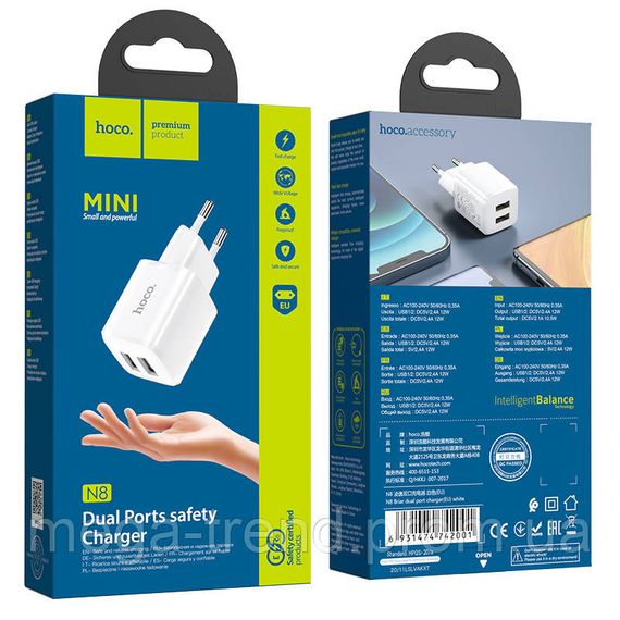 Адаптер мережевий Hoco Briar dual port charger N8 |2USB, 2.4A| (Safety Certified) | Зображення 5