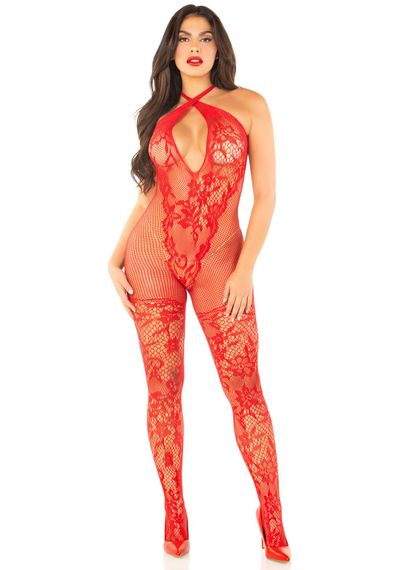 Бодістокінг Leg Avenue Seamless Net and Lace Lingerie Jumpsuit One Size, Red | Зображення 1