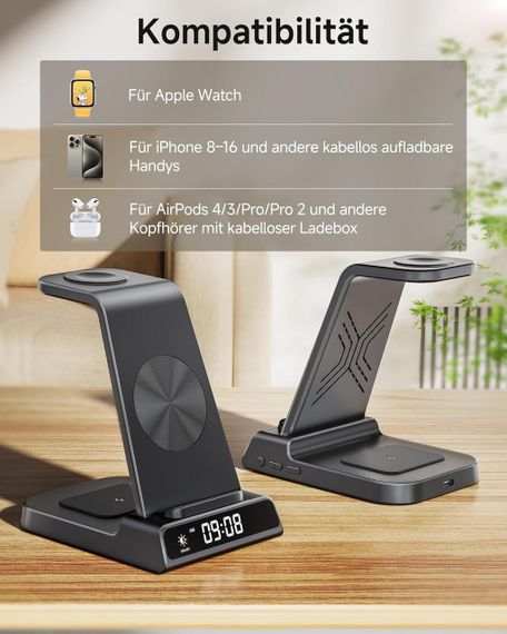 Беспроводная зарядная станция 3в1 для iPhone 16/15/14/13/12 Pro, Apple Watch AirPods Pro/4/3/2 быстрая зарядка | Зображення 6