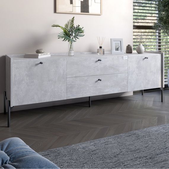 Тумба під телевізор з шухлядами LION Wood з чорними ніжками 180х50х40 см Бетон (LION-043122)