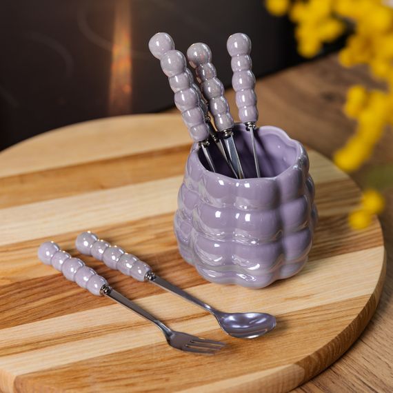 Набор десертных вилок и ложек на 3 персоны с подставкой из фарфора 7 предметов Фиолетовый HP-20-59 | Зображення 4