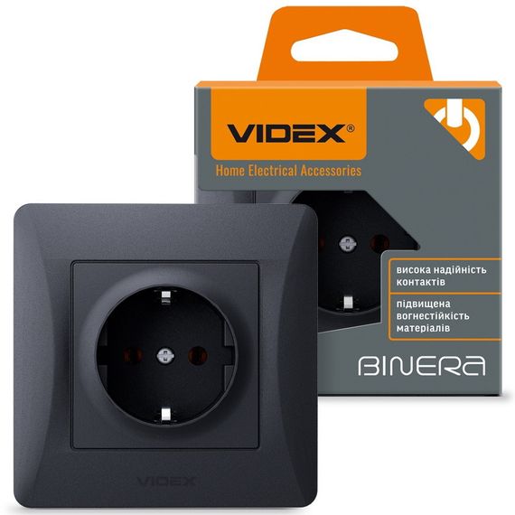 Одинарная розетка с заземлением и повышенной огнеупорностью VIDEX BINERA VF-BNSK1G-BG черный графит | Зображення 1