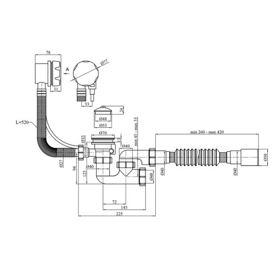 Сифон для ванни Kroner KRP - BS05P 1 1/2"х40/50 мм з системою Сlick-Сlack, з переливом та ревізією | Зображення 1