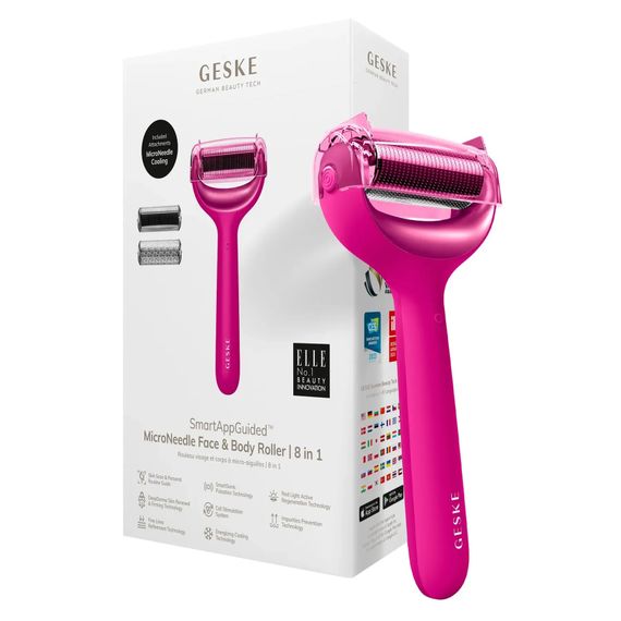 Електронний ролер для обличчя та тіла з мікроголками GESKE MicroNeedle Face&Body Roller 8в1 gray, Малиновий