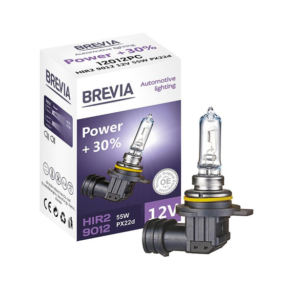 12012PC BREVIA Автолампа HIR2 9012 12V 55W PX22d Power +30% CP