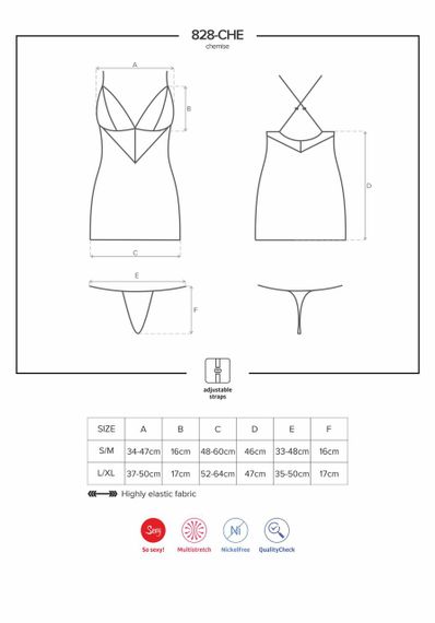 Сатиновий комплект для сну з мереживом Obsessive 828-CHE-1 chemise & thong, чорний, сорочка, стр, S/M | Зображення 6