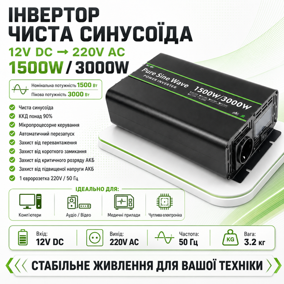 Инвертор  IPS-3000S 12v 220v ( 1500W чистая синусоида ) | Зображення 1