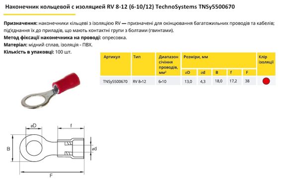Наконечник кільцевий з ізоляцією RV8-12 (6-10/12) червоний Ny95500670 | Зображення 1