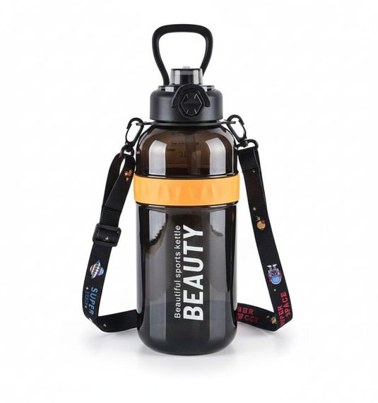 Спортивная бутылка для воды Beauty 1500 мл (1.5 л) с ручкой, трубочкой и ремнем - Черная | Зображення 1