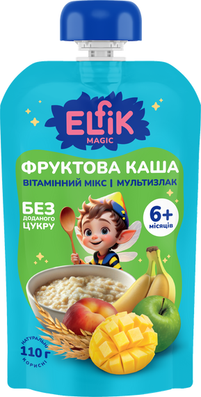 Фруктова каша з яблук, мультизлакової каші, персиків, бананів та манго «Вітамінний мікс» Elfik Magic 110 г х 18 шт