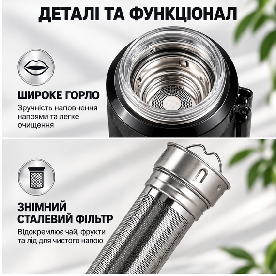 Термос-пляшка KANGZYUAN 420 мл (0,42 л), вакуумна, з нержавіючої сталі 316, із ситечком та ручкою, чорна | Зображення 3