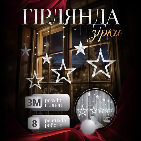 Электрическая гирлянда Звезда штора 3 метра на окно для фотозон белая WYF11W