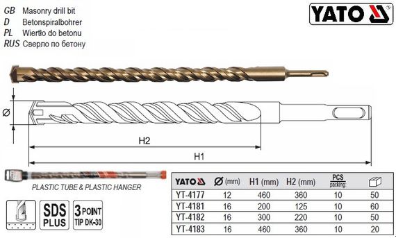 Бур SDS+ YATO Польща свердло бетон 16мм 460/360мм YT-4183