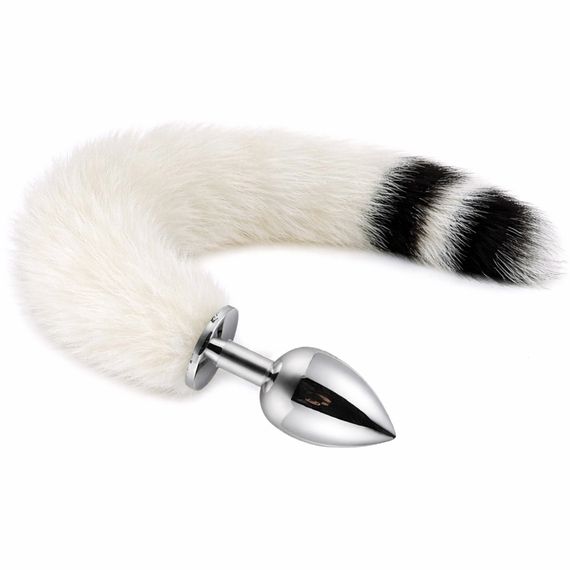 Анальная пробка Snow Fox Elegance с белым пушистым хвостом с черными полосками, металл, размер S | Зображення 4