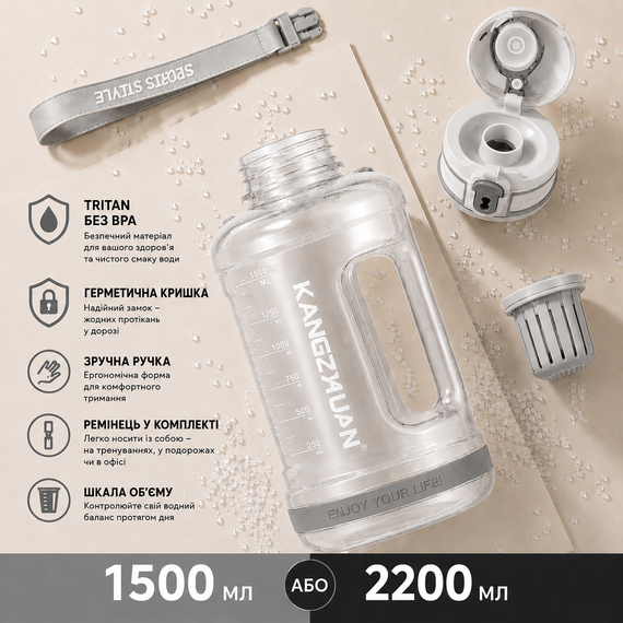 Бутылка для воды KANGZYUAN 1500 мл Tritan BPA Free Белая (с ручкой и ремешком) | Зображення 6